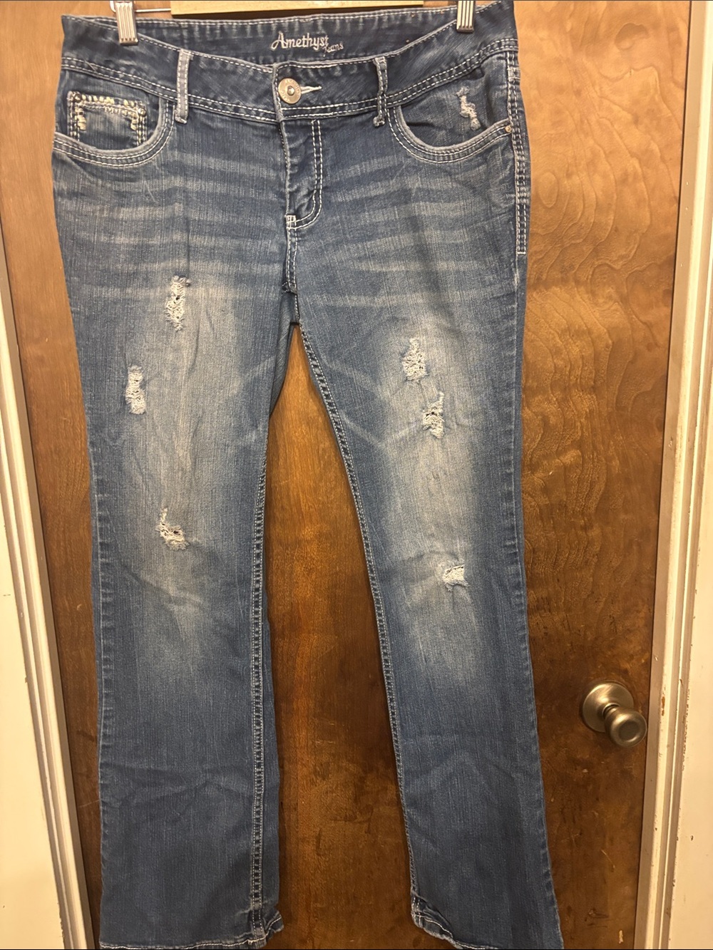 Amethyst Jeans Medium Blue Boot Cut Distressed Women's Jeans